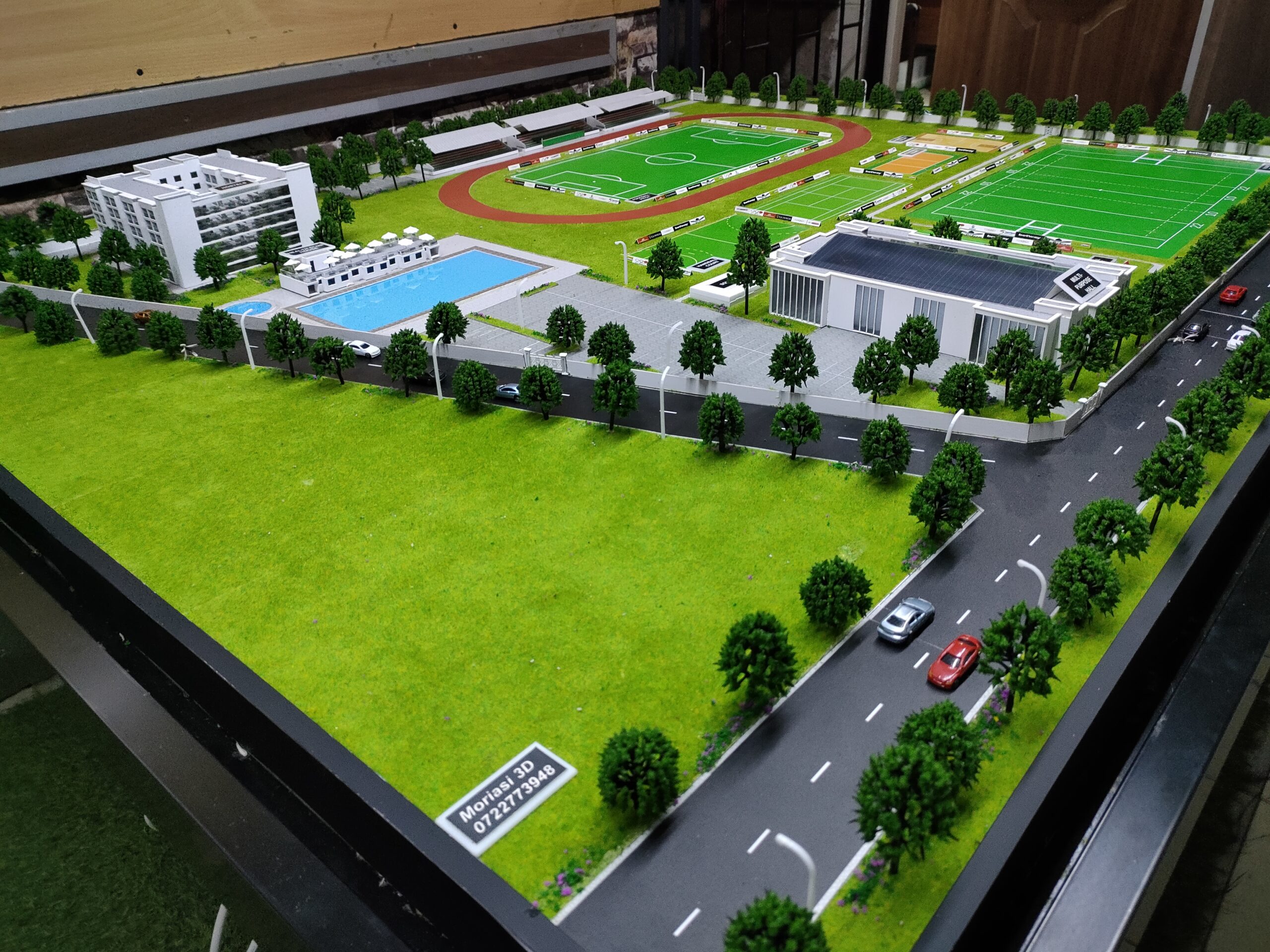 Commercial business park architectural model with detailed landscaping