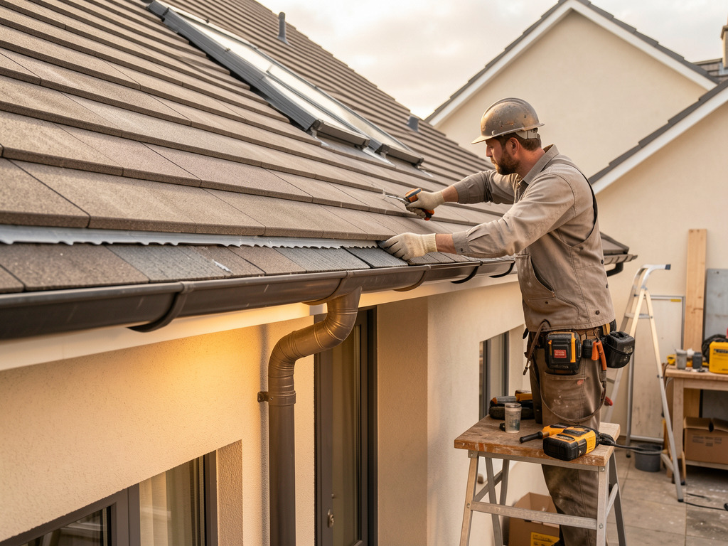 Modern gutter and downpipe installation on residential roof